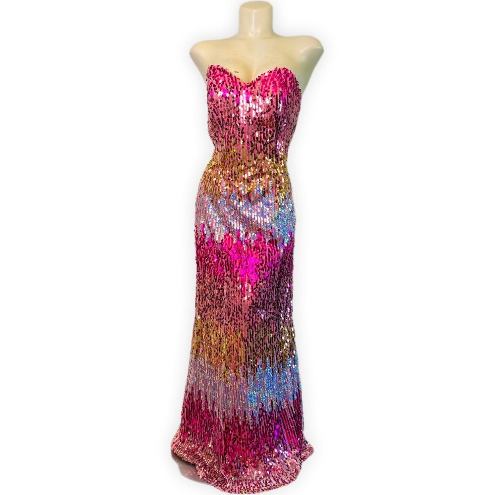 RACE KARIN Fully Ombre Sequined Strapless Open Lace Up Back Gown. SIZES 36/6